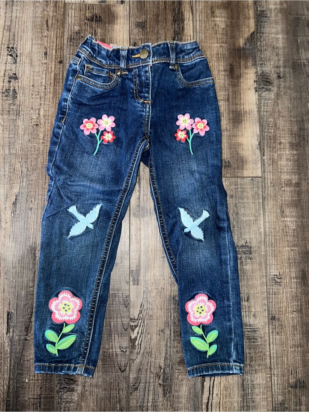 Mini Boden Girls Dark Blue Embroidered Floral & Bird Jeans